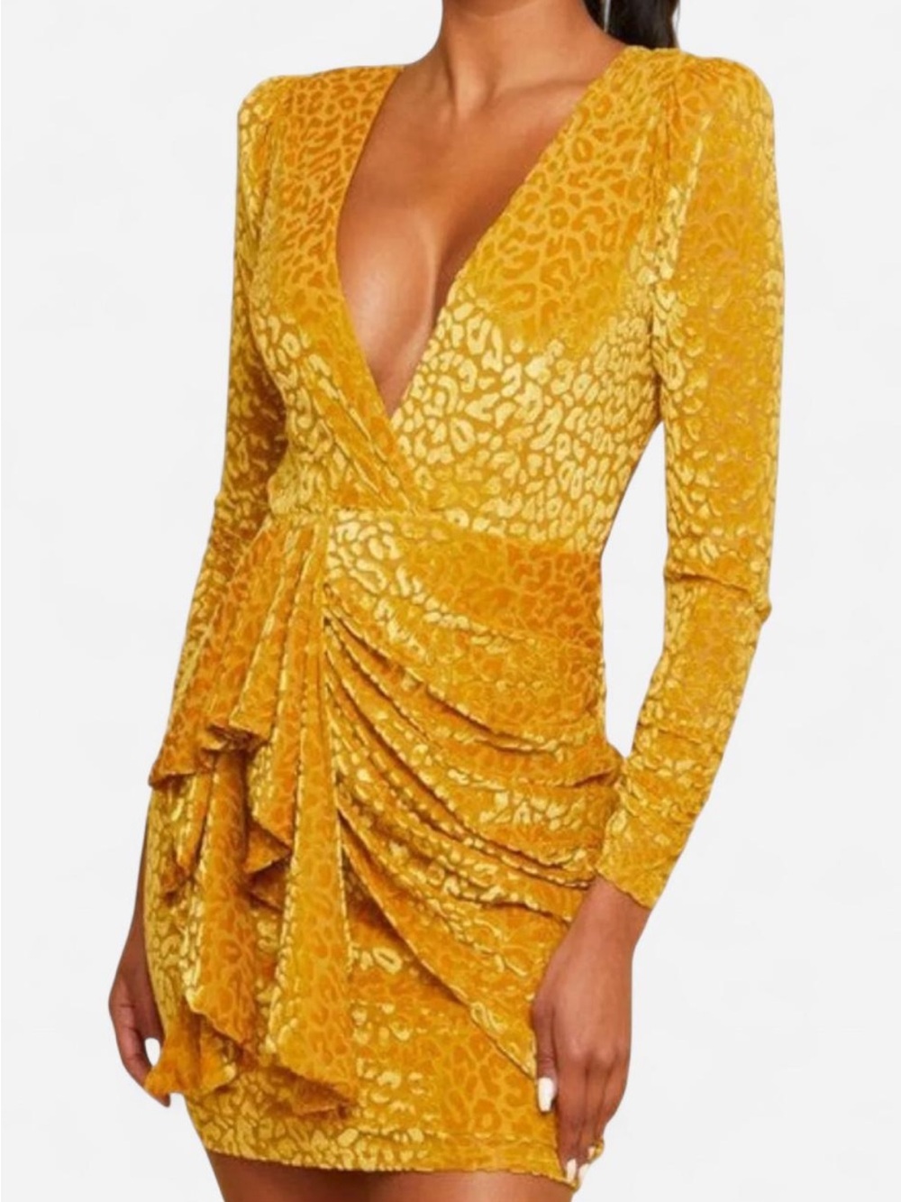 Luxxel Mustard Yellow Exposed Back Velvet Leopard-Print Party Dress